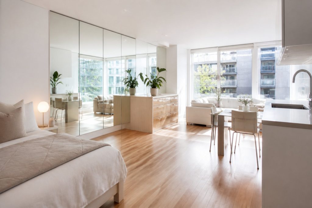 Studio lumineux agrandi par de grands miroirs