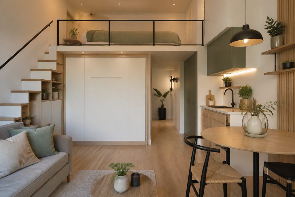 Studio moderne avec lit en mezzanine et espace dégagé en dessous