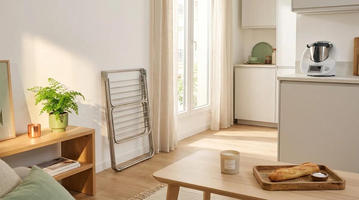 Petit appartement lumineux avec un étendoir à linge plié contre le mur