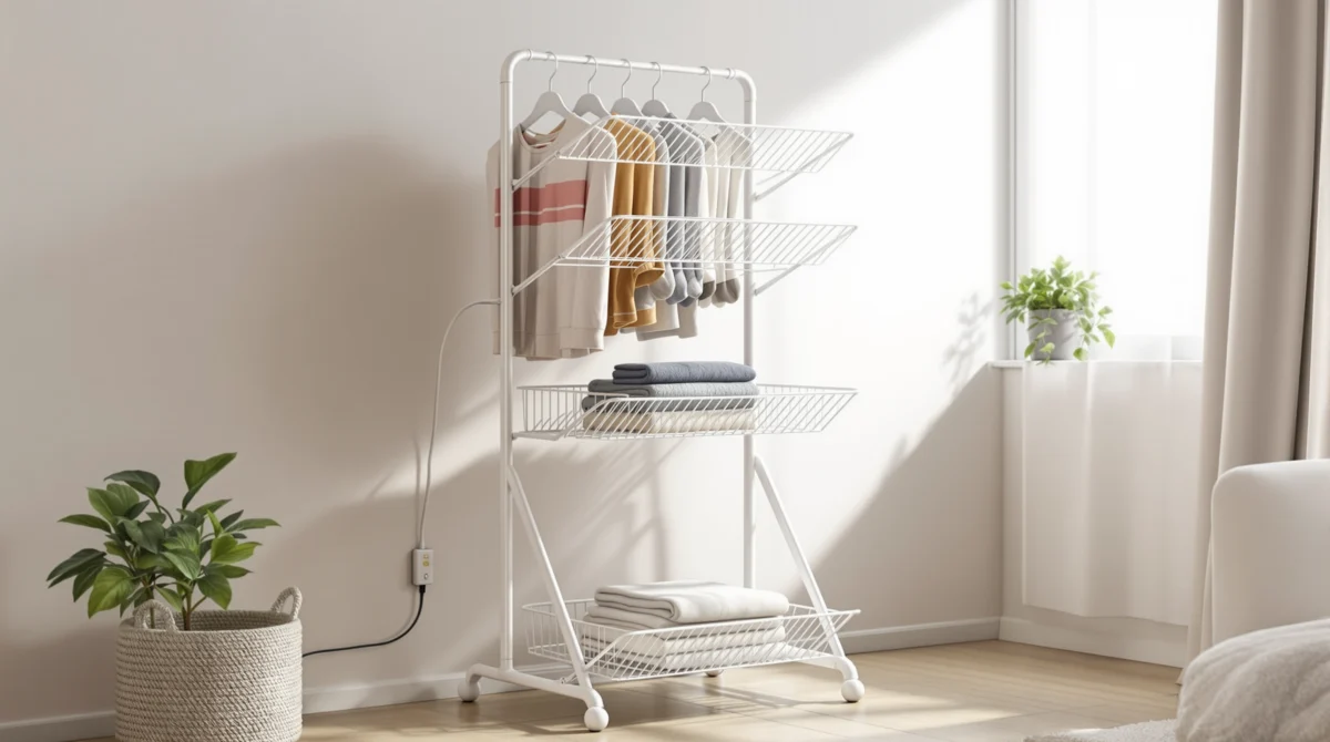 Étendoir à linge chauffant à plusieurs niveaux dans un petit appartement