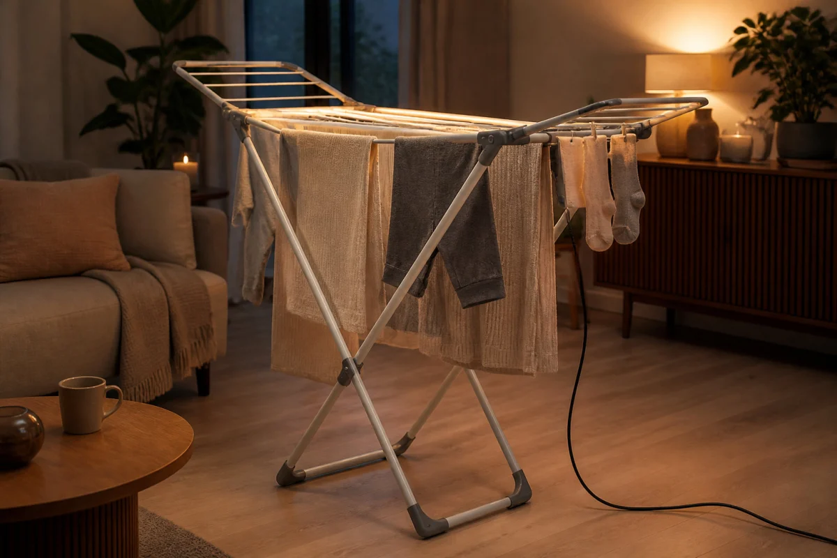 Étendoir chauffant électrique avec du linge dans un salon