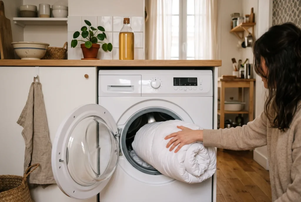 Couette roulée glissée dans le tambour d’un lave-linge hublot compact
