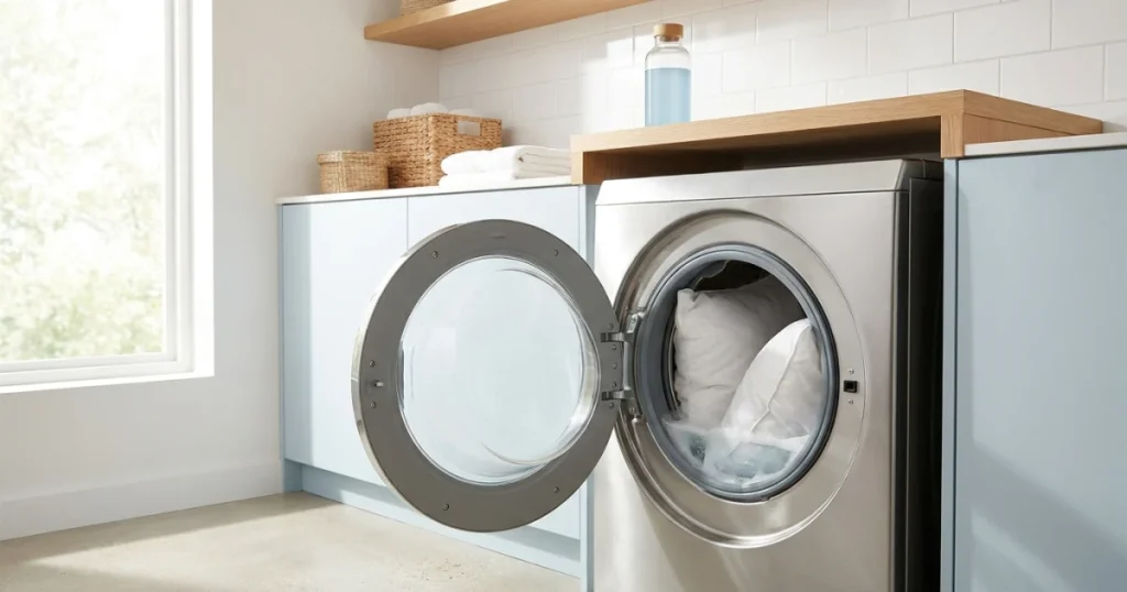 Lave-linge ouvert dans une buanderie lumineuse, prêt pour laver un oreiller en machine