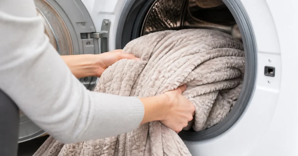 Plaid doux mis dans une machine à laver