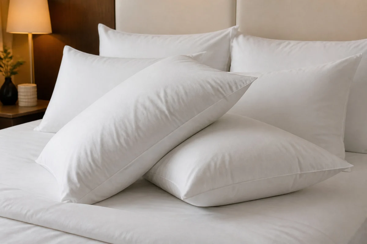 Oreillers blancs propres et gonflés sur un lit après lavage en machine