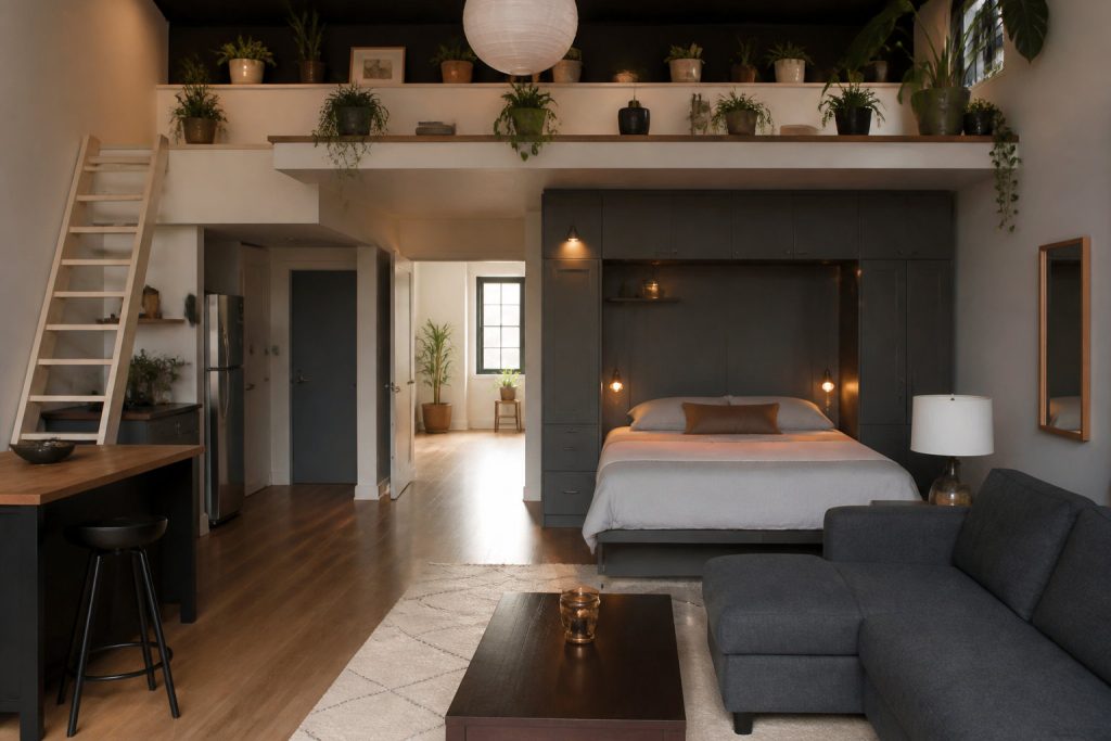 Studio avec rangements en hauteur autour du lit